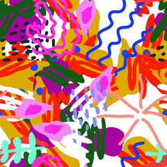 Fototapeta premium Pink and Yellow Artwork Paint Vector Seamless Pattern. Artistic Drawing Collage. Motley Style Illustration. Creative Shape Print.