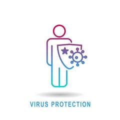 Icon design Virus protection human is holding shield, bacterias can't attack him. Immune system, vaccination, antibiotics. Modern vector illustration.