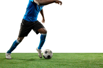 Close up legs of professional soccer, football player fighting for ball on field isolated on white background. Concept of action, motion, high tensioned emotion during game. Cropped image.