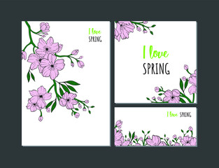 Set of greeting card templates. Cherry blossom branch, flower, bud, leave. Chinese, blossom, spring, Sakura, beautiful floral element. Flat vector illustration isolated om white background.