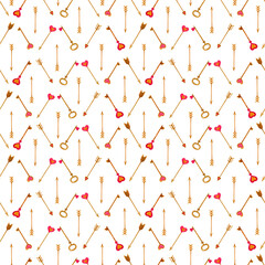 Watercolor hand painted illustration. Seamless pattern with Valentine's day elements. For card, design, print or background.for a print, postcard, poster for Valentine`s day, birthday, February 14.