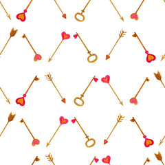 Watercolor hand painted illustration. Seamless pattern with Valentine's day elements. For card, design, print or background.for a print, postcard, poster for Valentine`s day, birthday, February 14.