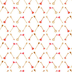 Watercolor hand painted illustration. Seamless pattern with Valentine's day elements. For card, design, print or background.for a print, postcard, poster for Valentine`s day, birthday, February 14.