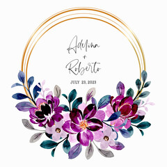 Save the date. Violet floral wreath watercolor with golden frame