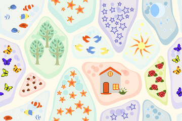 Fototapeta premium a pattern of various things - trees, stars, birds, flowers, butterflies, fish, sun and moon