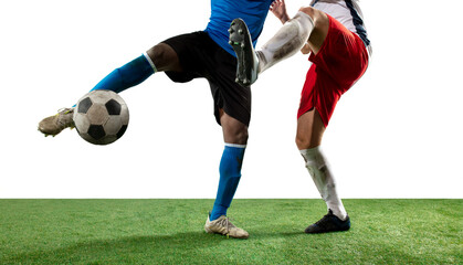 Close up legs of professional soccer, football players fighting for ball on field isolated on white background. Concept of action, motion, high tensioned emotion during game. Cropped image.