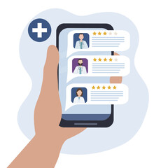 Choosing a doctor through a mobile app. Online medical consultation and diagnosis. Rating of doctors with description of services and reviews. Search for a specialist for medical care. Vector