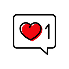 Nuevo mensaje favorito. Logotipo con corazón color rojo y número 1 con lineas en burbuja de habla - obrazy, fototapety, plakaty