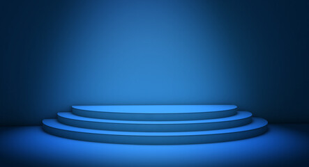 Fototapeta premium Empty stage illuminated by a spotlight. 3d rendering of three steps in a blue room. Concept for art exhibition, business and commercial ads