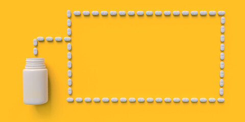 White medicinal bottle and pills forming a text box isolated on yellow background with space for text and info. 3d illustration