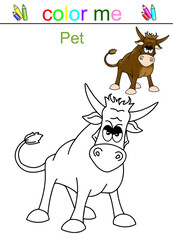 Illustration coloring book with images of cartoon animals. Children's pictures with colorful animals and a sketch for coloring on a white background close-up.