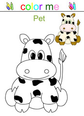 Illustration coloring book with images of cartoon animals. Children's pictures with colorful animals and a sketch for coloring on a white background close-up.