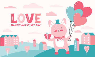 Happy valentine's Day horizontal banner with greeting text. Pink rabbit with gift and balloons in form of heart. Romantic urban landscape. Cartoon character animal in love. Happy bunny with valentine.