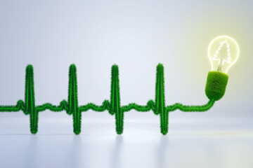 An electric cable in an electrocardiogram shape is covered by grass and ends with a lit bulb with a pine shape filament to simulate the concept of sustainable energy