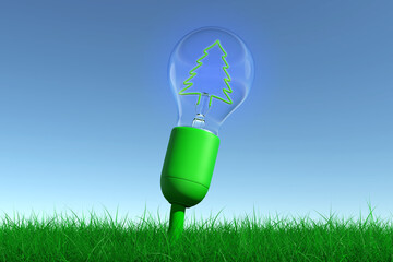 Front view of a lamp holder planted in a meadow that grows with a inserted bulb with a green filament made in a pine shape to simulate the concept of sustainable energy