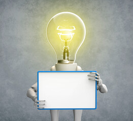 Front view of a light bulb character with its lit bulb that is holding a small blank advert board in front of him on an abstract gray background