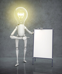 A light bulb character with its lit bulb is standing next to a blank sandwich board sign and pointing it with its right index finger to indicate something outstanding