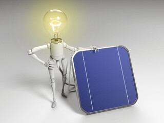 A relaxed light bulb character is standing next to a photovoltaic panel that is giving the energy to light on its own bulb