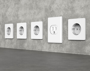 Row of five white sockets on a grey wall with a wrong one among them because it is designed for a different type of plug