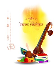 Vector illustration of Happy Basant Panchami banner, Indian festival, Veena, books and fruits, background template for website and social media, festive background concept