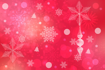 Christmas card template. Abstract festive red pink christmas background texture with bokeh lighted xmas stars, baubles and circles. Beautiful card design. Space.