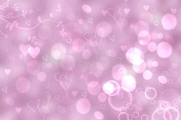 Abstract festive blur bright pink pastel background with white hearts love bokeh for wedding card or Valentine day. Space. Card concept.