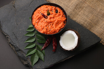 bowl of indian red chutney, coconut chutney.