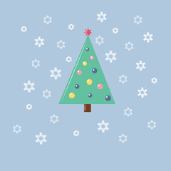 Festive Christmas tree with snowflakes on a blue background. Greeting card