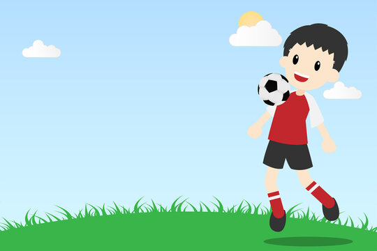 Cartoon cute character soccer football player on field background with copy space for text , professional athlete , sports competition , vector illustration