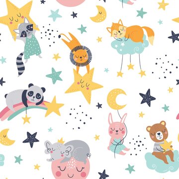 Seamless childish pattern with fox, bear, lion, panda, racoon, bunny, elephant, clouds, moon and stars. Creative kids texture for fabric, wrapping, textile, wallpaper, apparel. Vector illustration