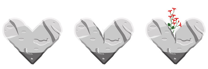 three stone hearts - whole, cracked and with a flower. on white background