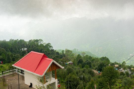 Red roofed house residence hotel homestay lodge looking over a cloudy fog filled valley with trees fading off into the distance shows the beauty of hill stations like shimla Mcleodganj 