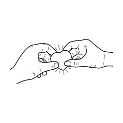 Two hands holding heart together. Health care, help, charity, donate love and family concept. Vector sketch line illustration.