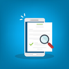 Online digital document inspection or assessment evaluation on smartphone, contract review, analysis, inspection of agreement contract, compliance verification. Vector illustration