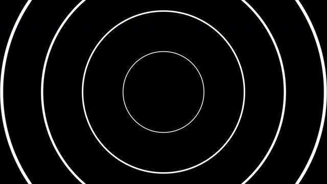 Thin line white zooming circles on a black background. Simple geometric motion graphics. Seamless animation with basic shapes