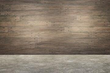 Brown wood plank panels and concrete floor. Empty interior design. Old rustic wood texture background