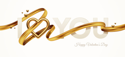 Valentines day greeting illustration. Words I Love You with golden realistic heart and golden paint ribbon. Vector illustration.