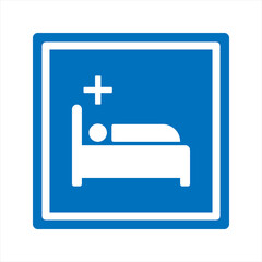 Hospital icon, black isolated icon with medical cross and person in bed symbols