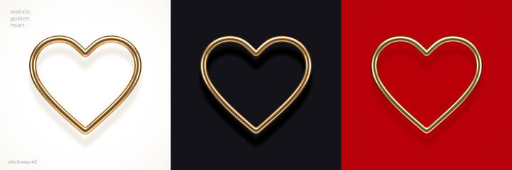 Set of realistic 3d golden metal hearts with reflection from different color background. Decoration elements for Valentines day or wedding design. Love sign and symbol. Vector illustration.