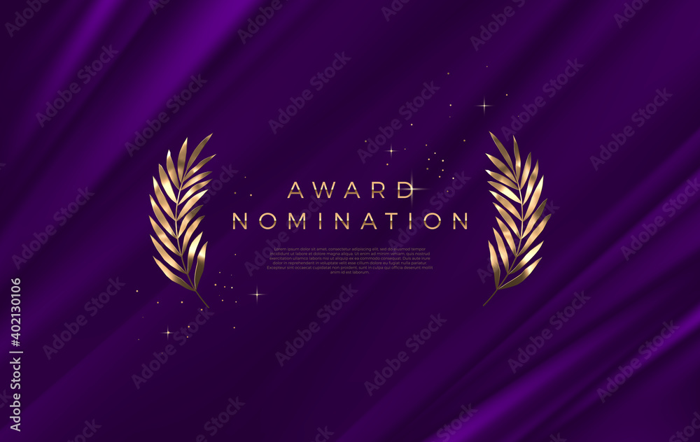 Wall mural award nomination - design template. golden branches on a purple cloth background. award sign with go