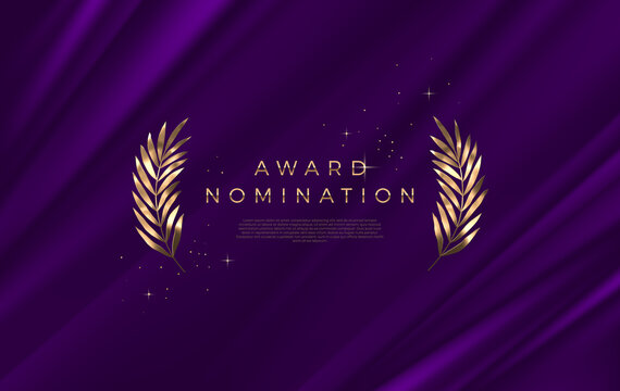 Award nomination - design template. Golden branches on a purple cloth background. Award sign with golden leaves. Vector illustration.