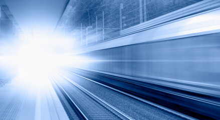High speed train runs on rail tracks - Train in motion
