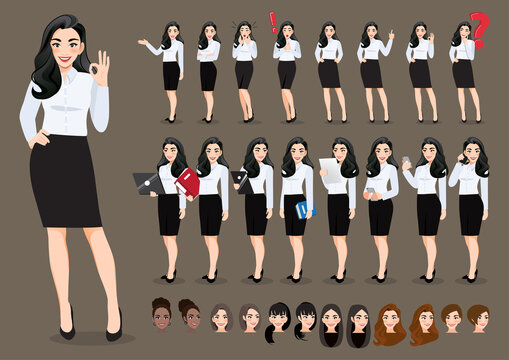 Businesswoman cartoon character set. Beautiful business woman in office style white shirt. Vector illustration.