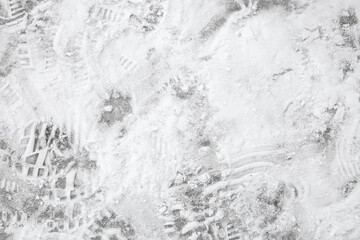 texture background concrete slab surface wall floor gray with snow and footprints outside