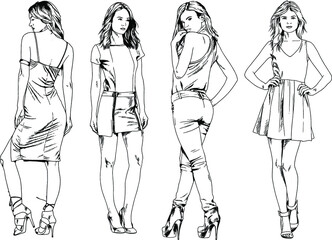 vector drawings on the theme of beautiful slim sporty girl in casual clothes in various poses painted ink hand sketch with no background