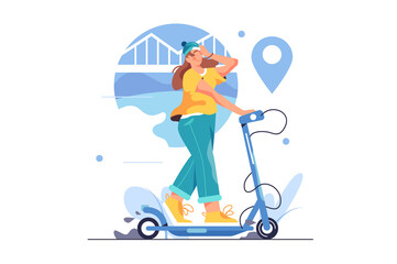 Girl in a hat rides an electric scooter around the city, big blue pin isolated on white background, flat vector illustration