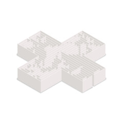 Complicated labyrinth in cross shape in isometric view on white