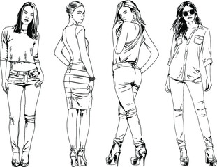 vector drawings on the theme of beautiful slim sporty girl in casual clothes in various poses painted ink hand sketch with no background