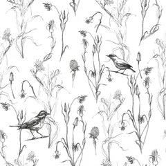 Fototapete Aquarell Natur Set Illustration, pencil. A pattern of leaves and branches of plants, birds. Freehand drawing of flowers on a white background.