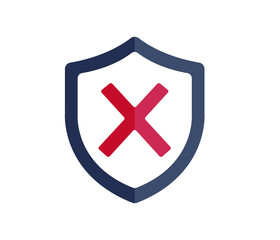 Shield and cross x mark icon isolated on white background. The unapproved sign was rejected. Protection, security, security concept.
